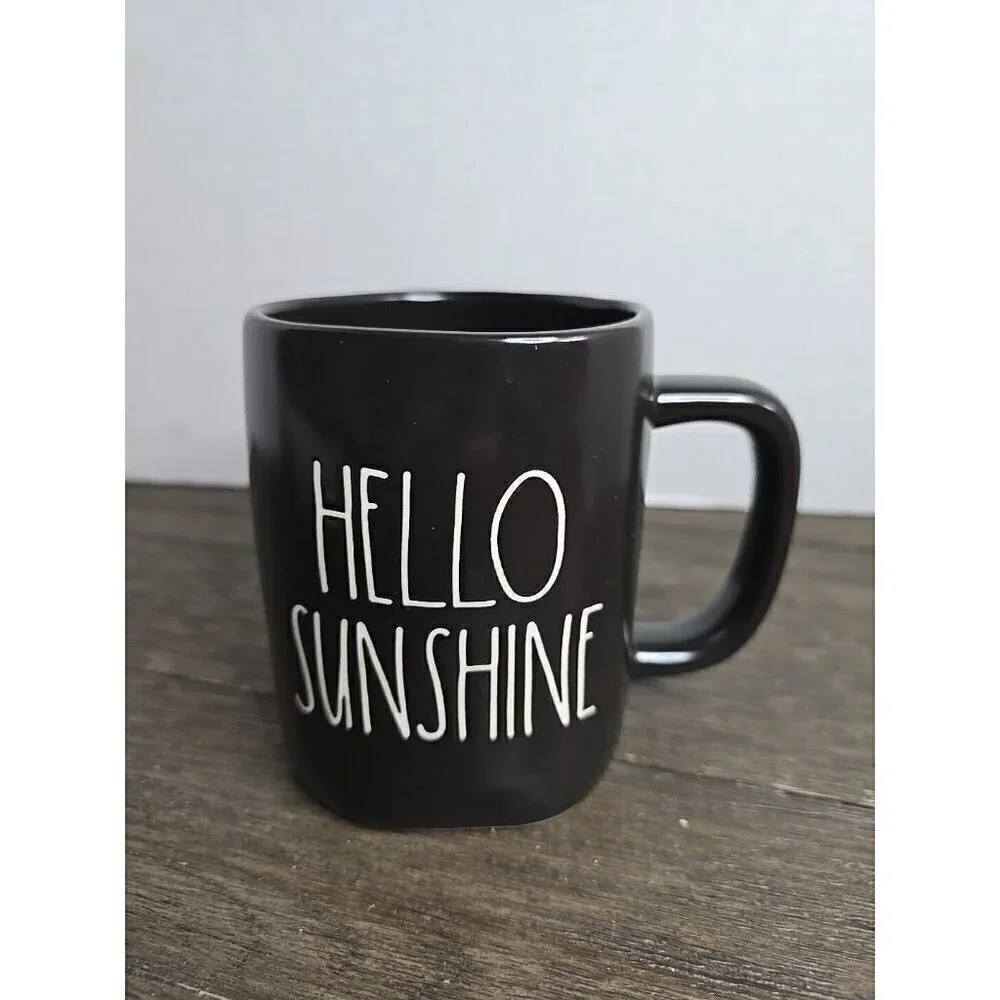 NWT Rae Dunn Artisan Hello Sunshine Black Ceramic Coffee Mug White Lettering
